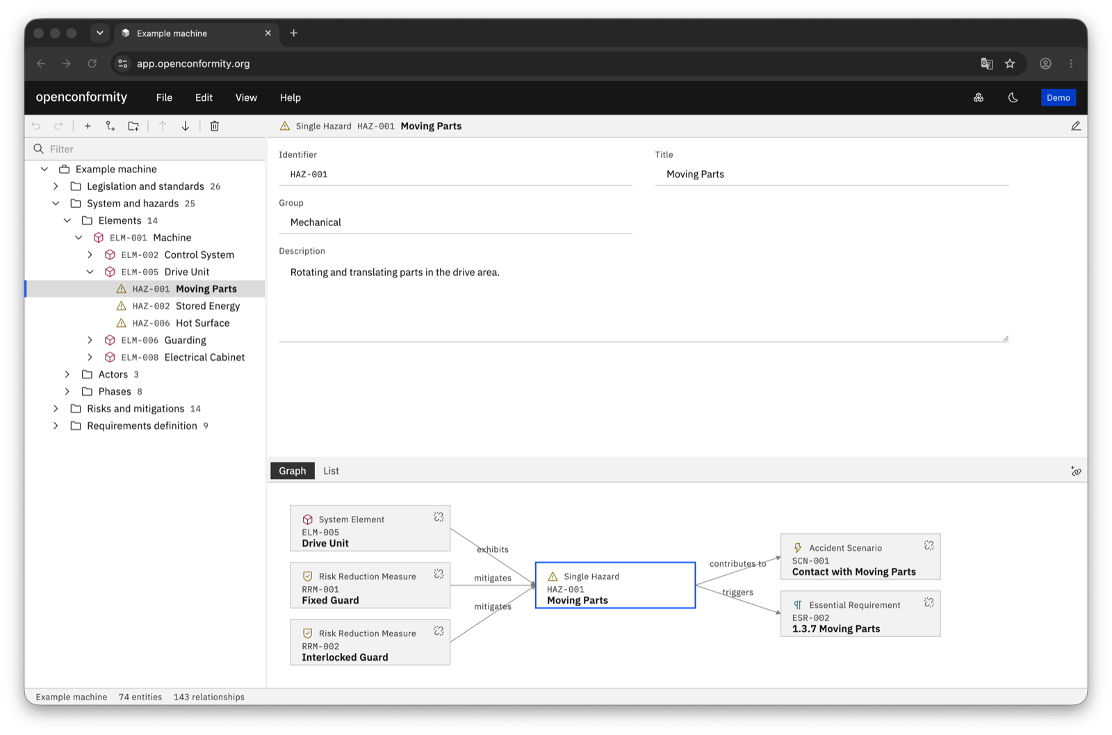 The openconformity interface: a navigator on the left, an editor and a relationship pane on the right.